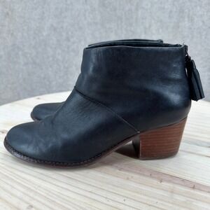Toms Black Leather Tassel Back Zip Ankle Boots Stacked Block Heel Almond Toe